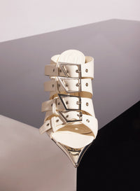BLACK LEATHER BUCKLED FANG 95 SANDALS