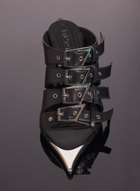 BLACK LEATHER BUCKLED FANG 95 SANDALS