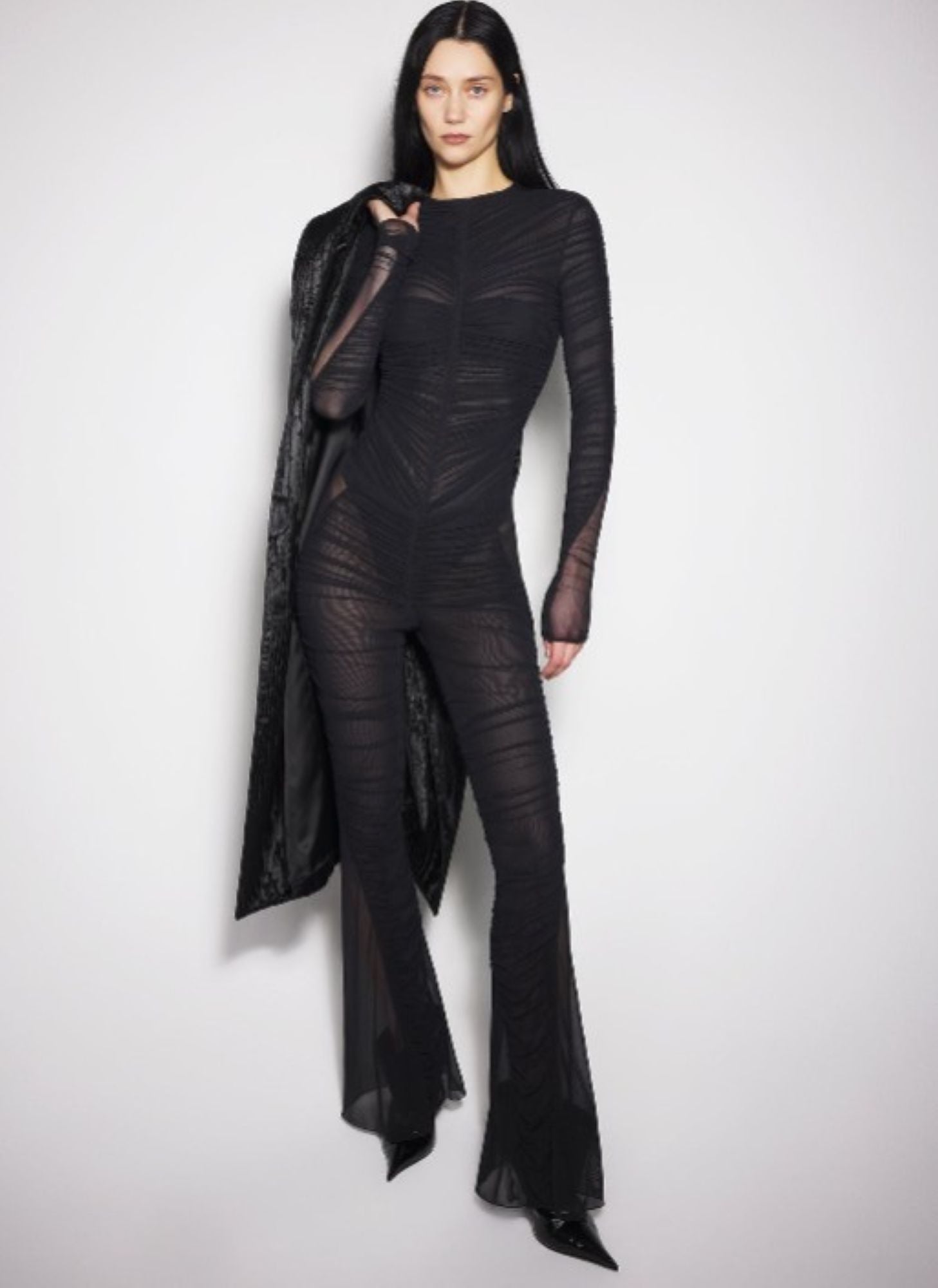 BLACK RUCHED FLARED PANTS