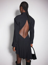 BLACK BACKLESS SHIRT DRESS