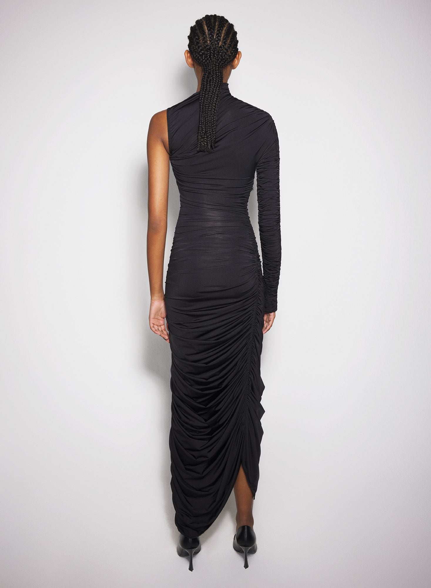 BLACK ASYMMETRICAL PIERCED RUCHED DRESS