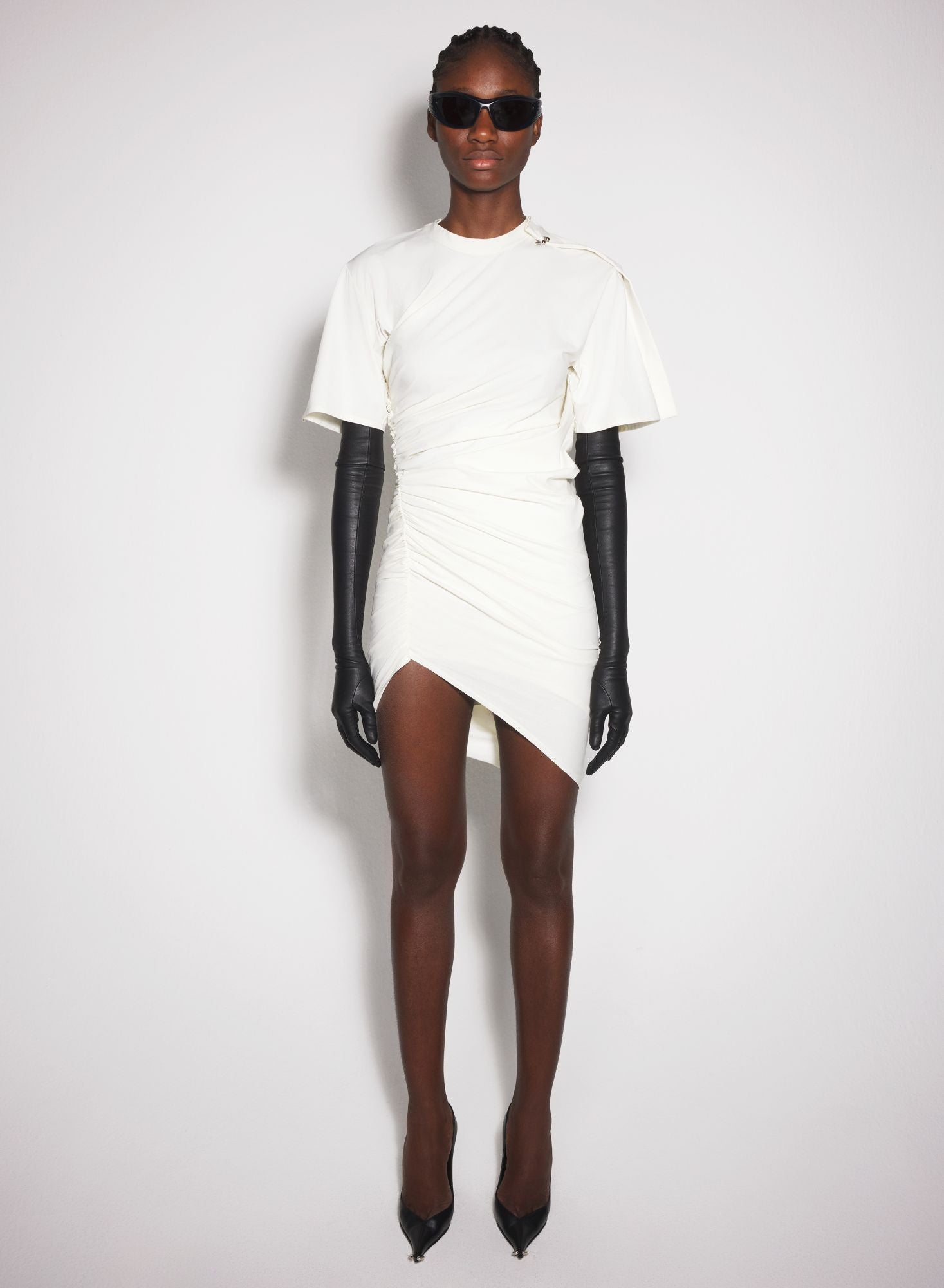 OFF-WHITE DRAPED PIERCED DAY DRESS
