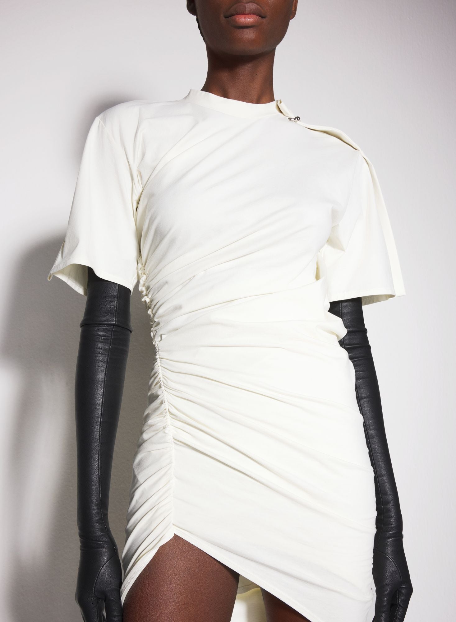 OFF-WHITE DRAPED PIERCED DAY DRESS