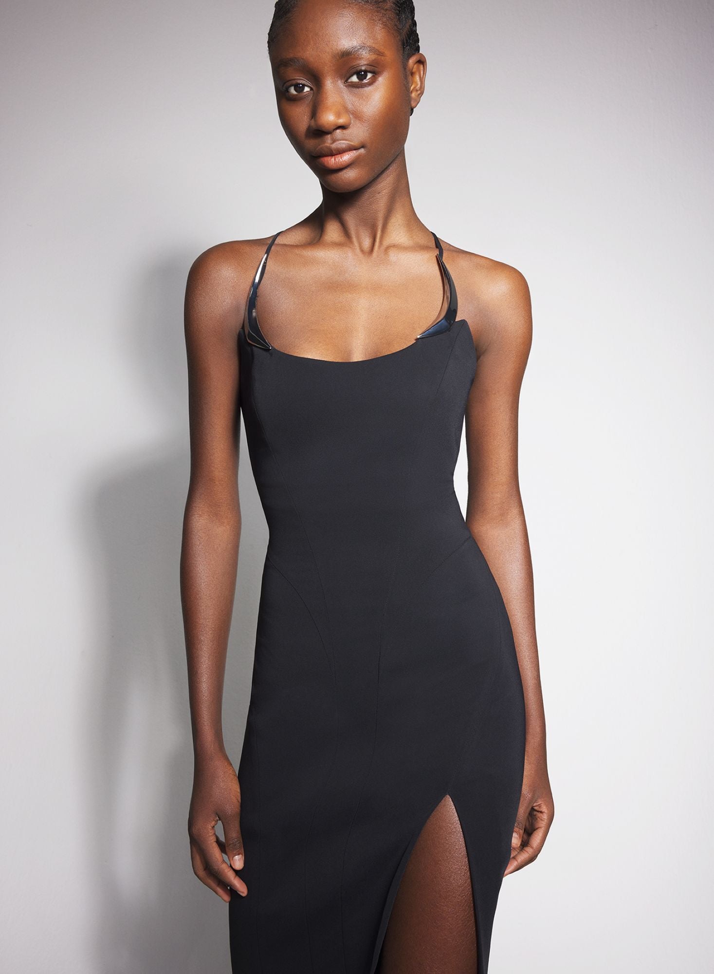BLACK COCKTAIL DRESS WITH METALLIC DETAILS