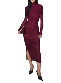 BLOOD RED // red sheer ruched dress