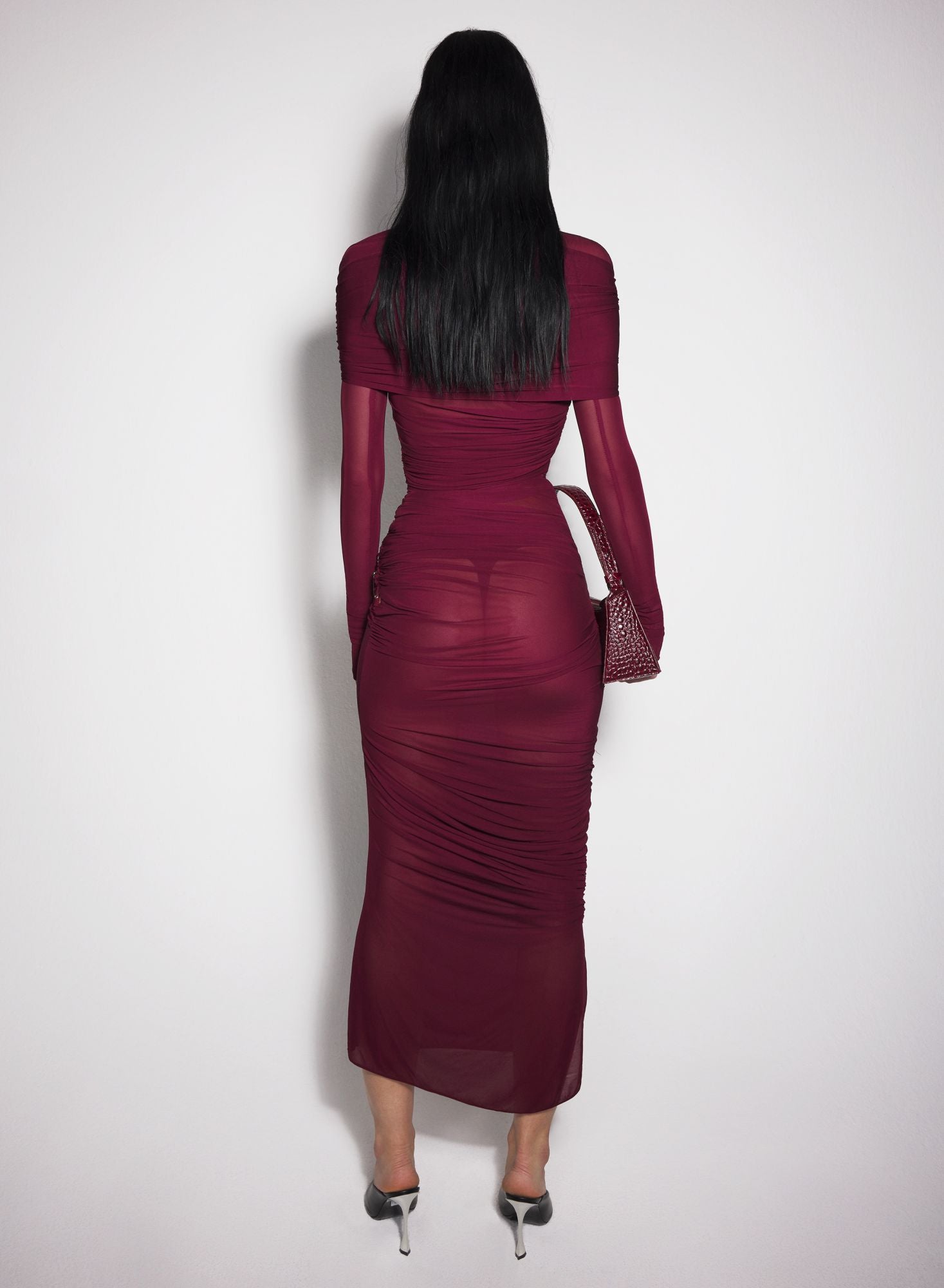 BLACK SHEER RUCHED DRESS