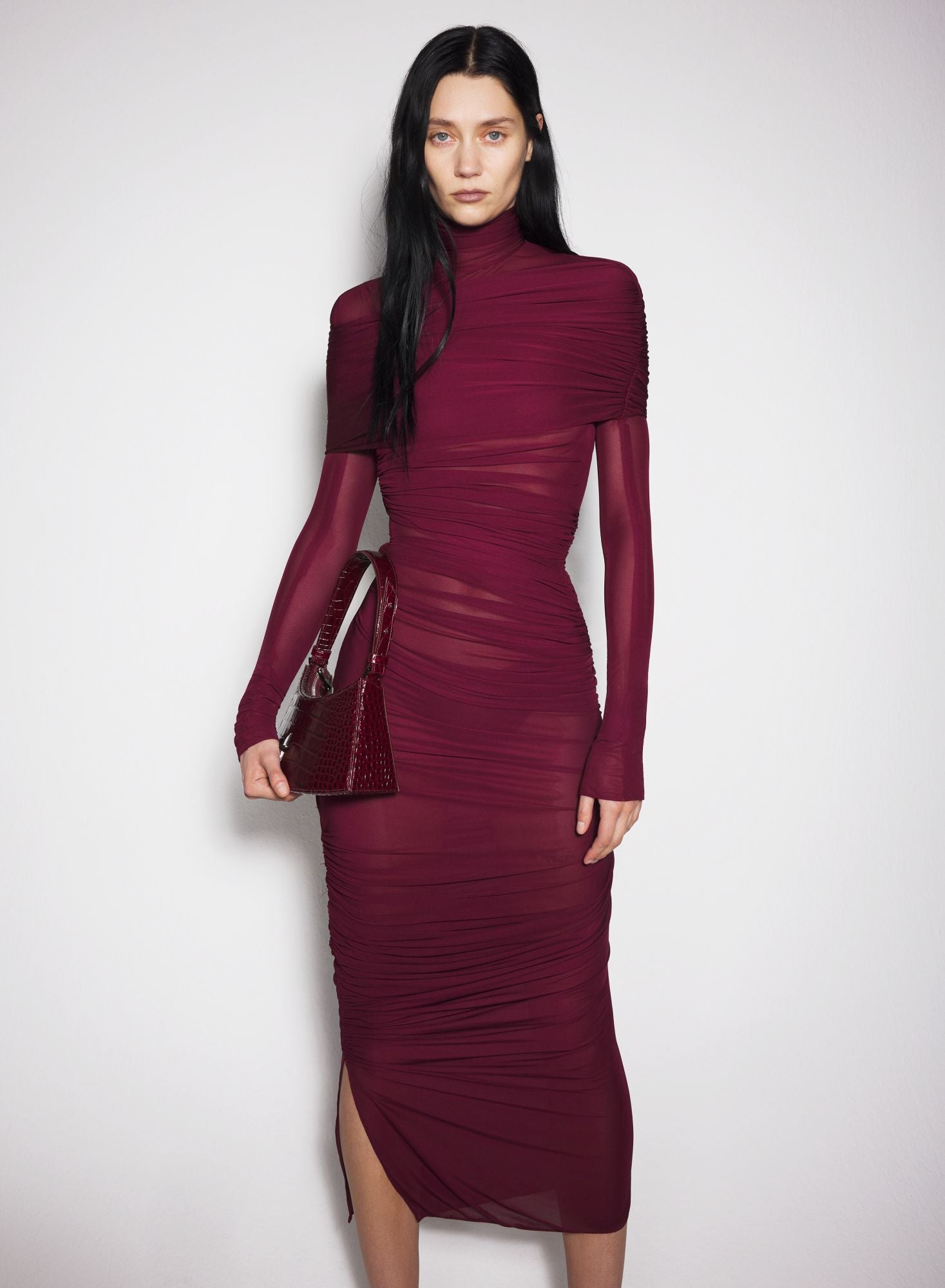 BLACK SHEER RUCHED DRESS