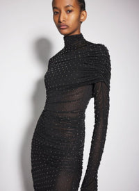 BLACK EMBELLISHED RUCHED DRESS