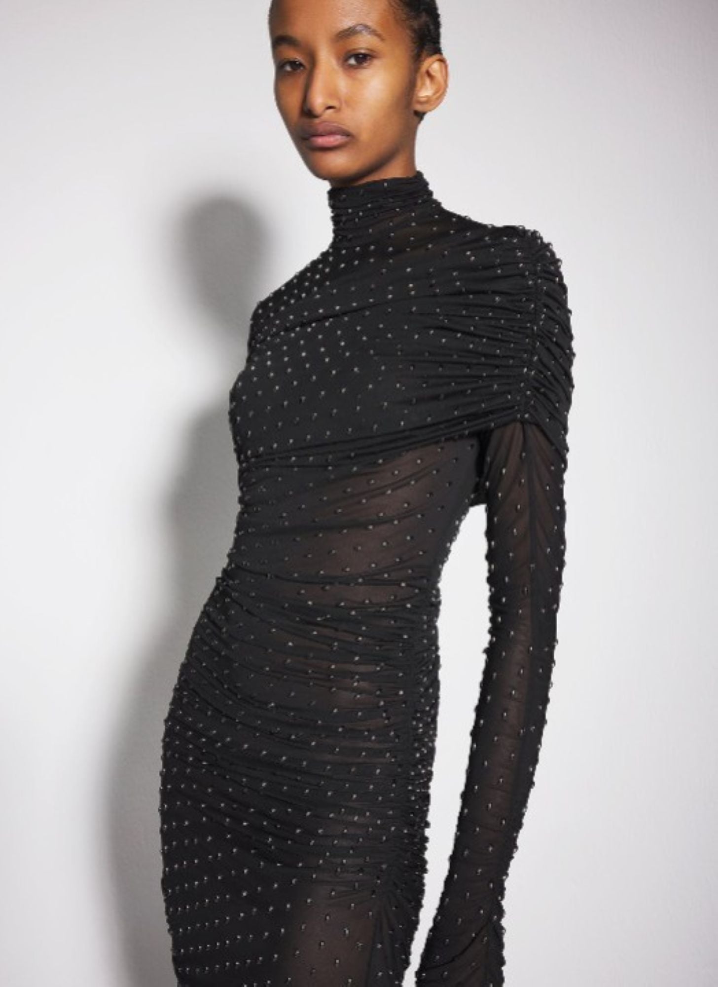 BLACK EMBELLISHED RUCHED DRESS