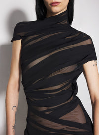 BLACK RUCHED SHEER MINI DRESS