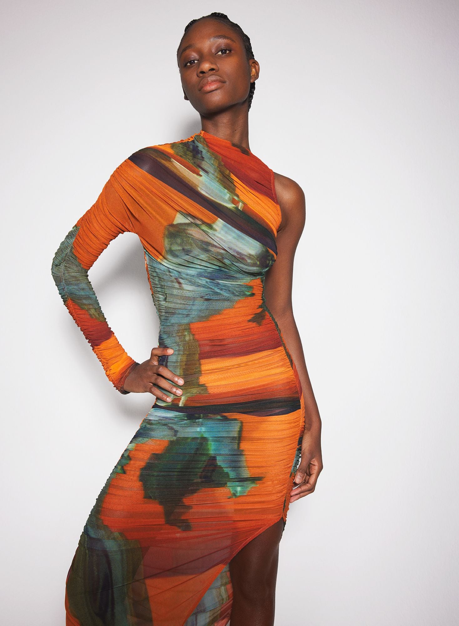 ARCHIVE PRINT ASYMMETRICAL MESH DRESS