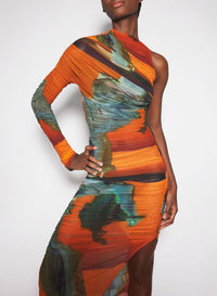 ARCHIVE PRINT ORANGE // Archive print asymmetrical mesh dress