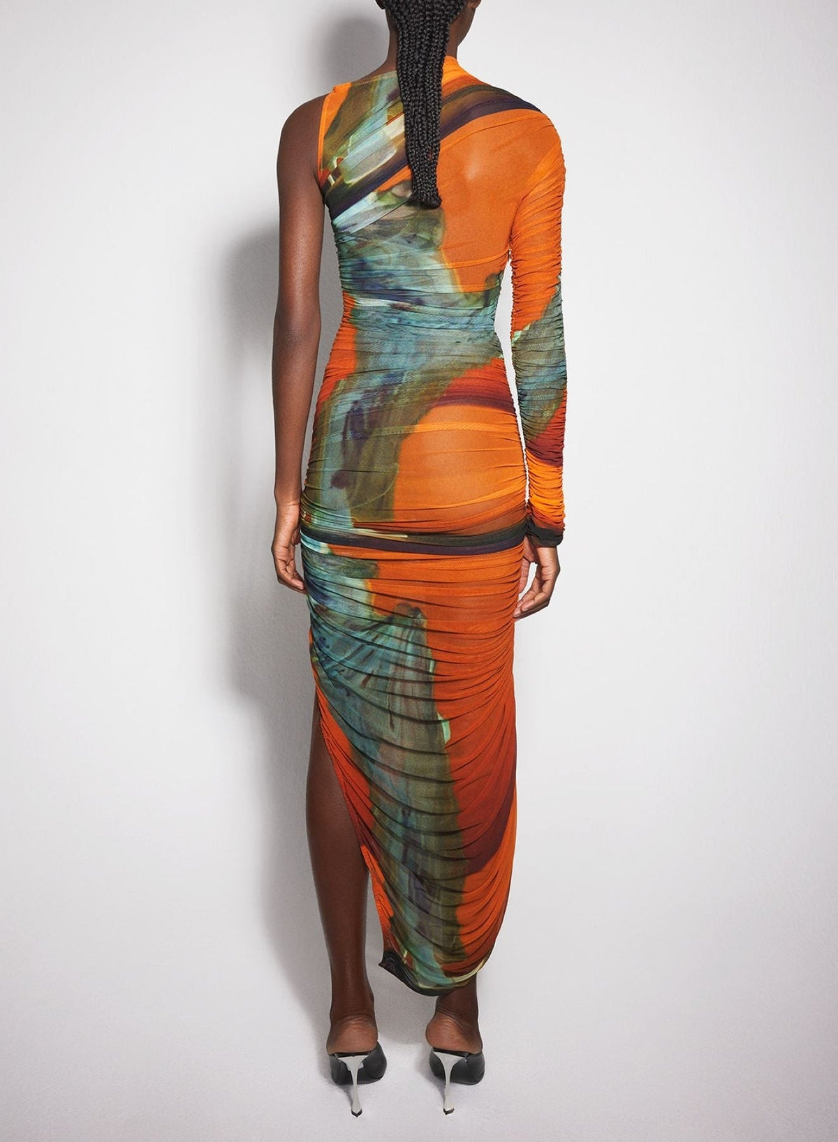 ARCHIVE PRINT ORANGE // Archive print asymmetrical mesh dress