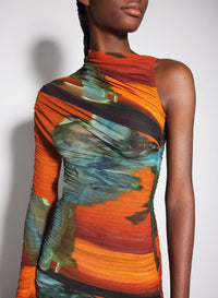 ARCHIVE PRINT ORANGE // Archive print asymmetrical mesh dress
