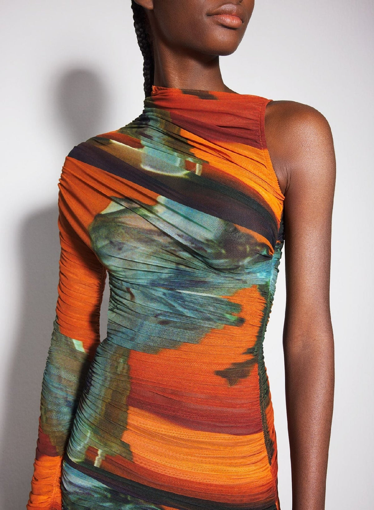 ARCHIVE PRINT ORANGE // Archive print asymmetrical mesh dress