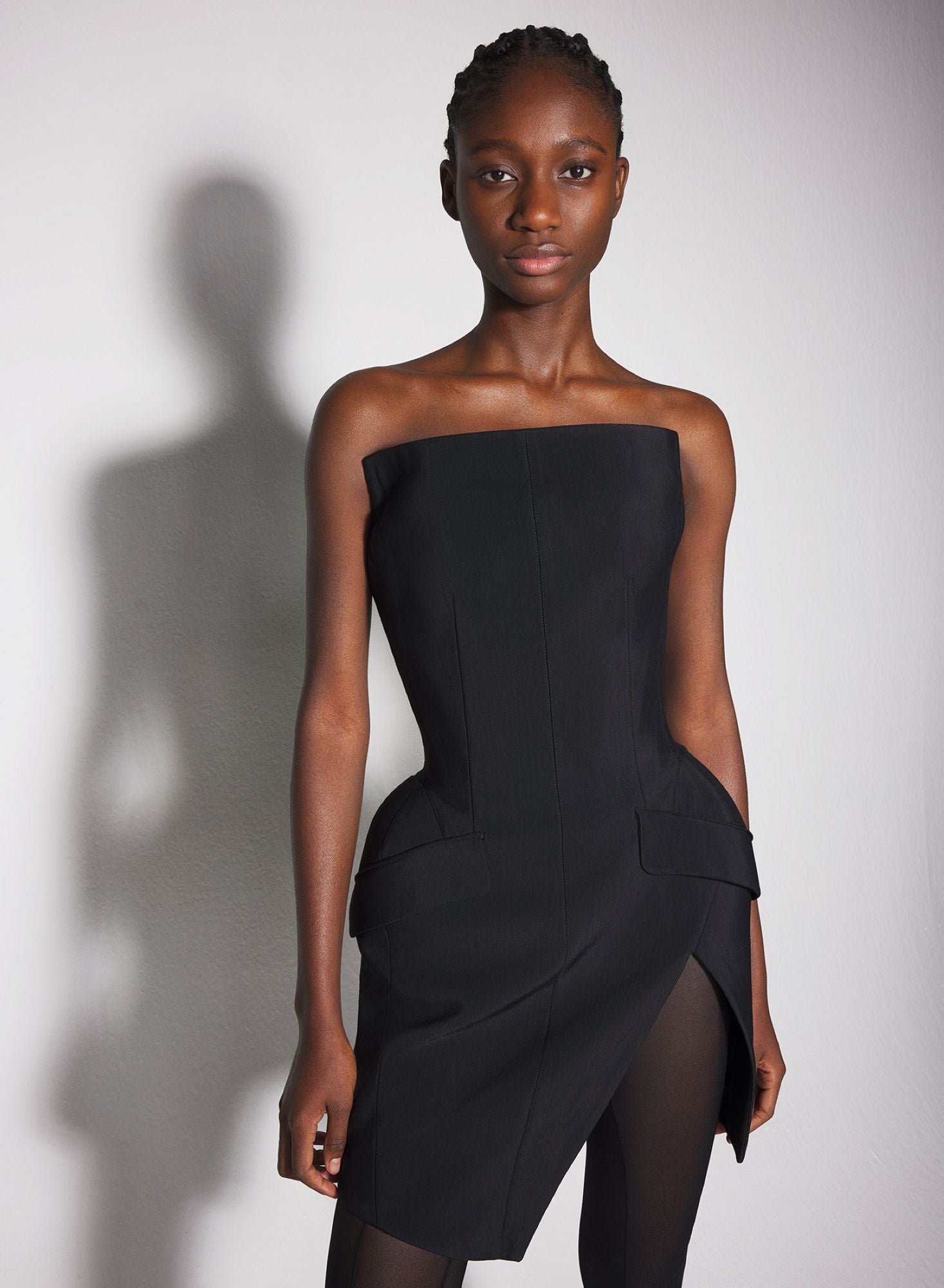 BLACK SLITTED TAILORED BUSTIER DRESS