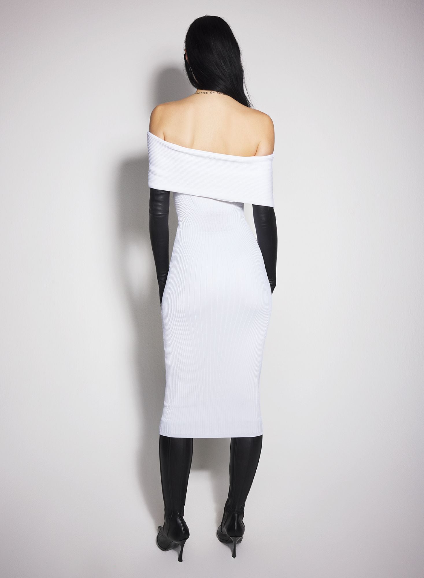 WHITE OFF-SHOULDER KNIT DRESS