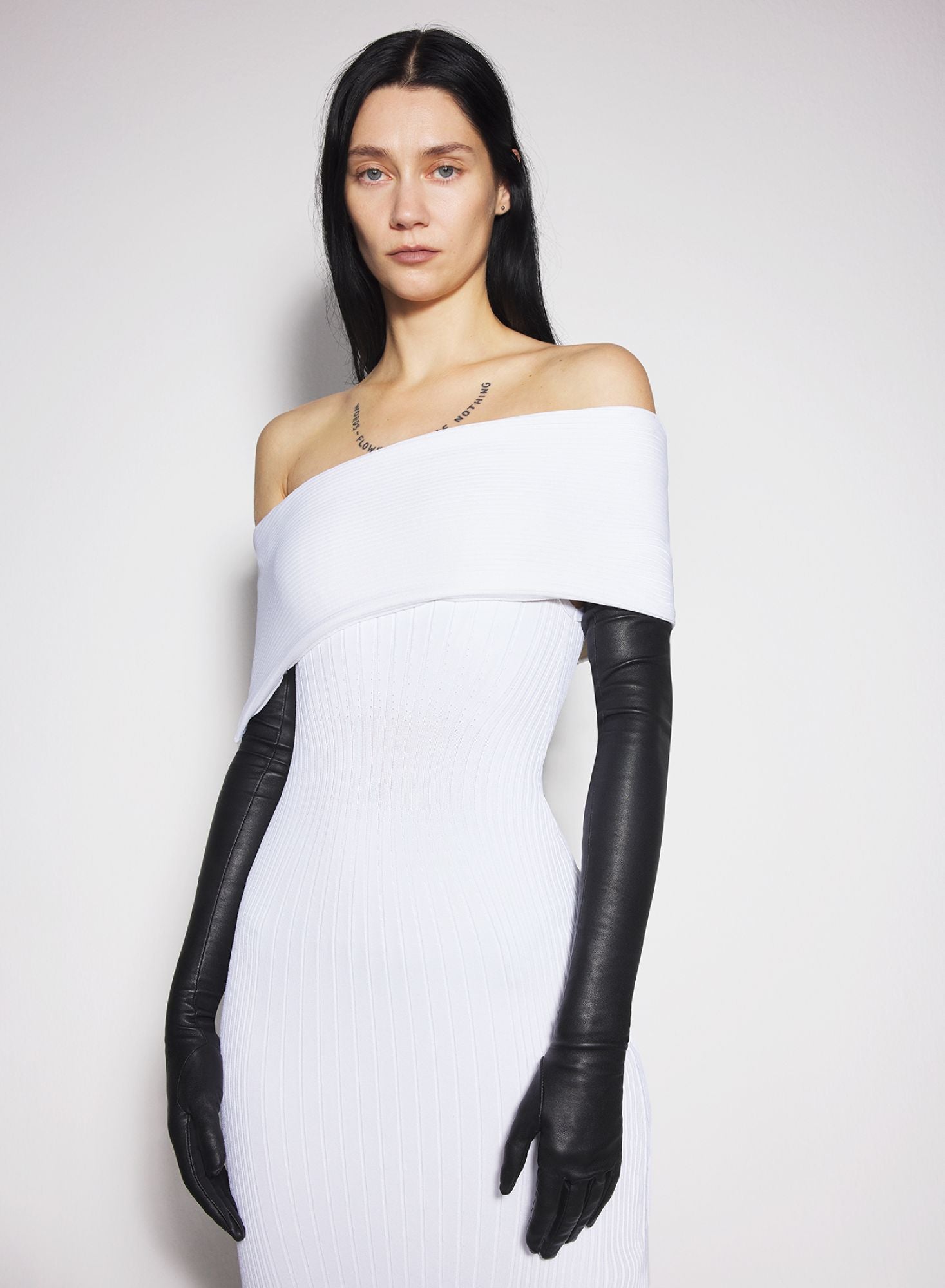 WHITE OFF-SHOULDER KNIT DRESS