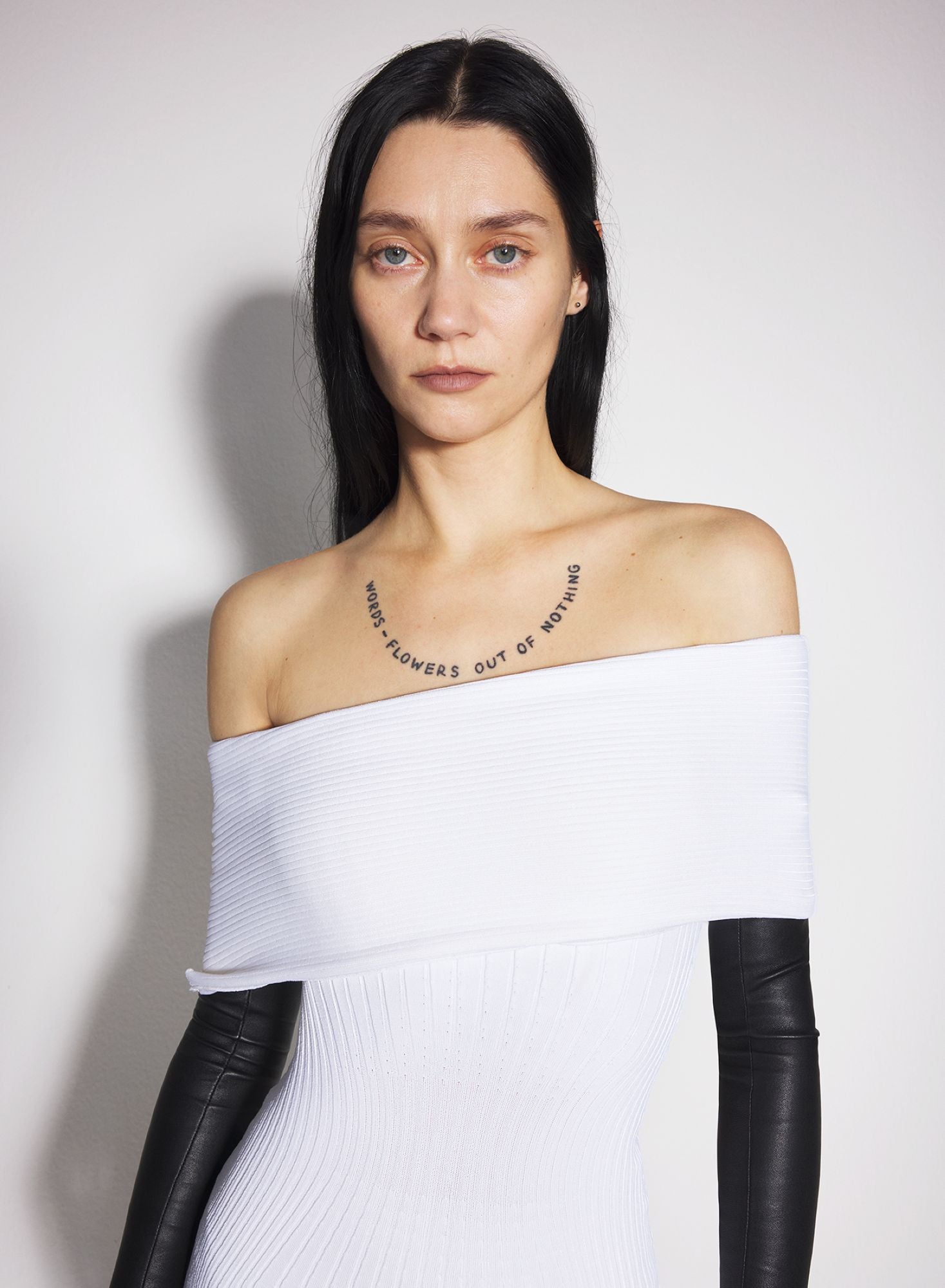 WHITE OFF-SHOULDER KNIT DRESS