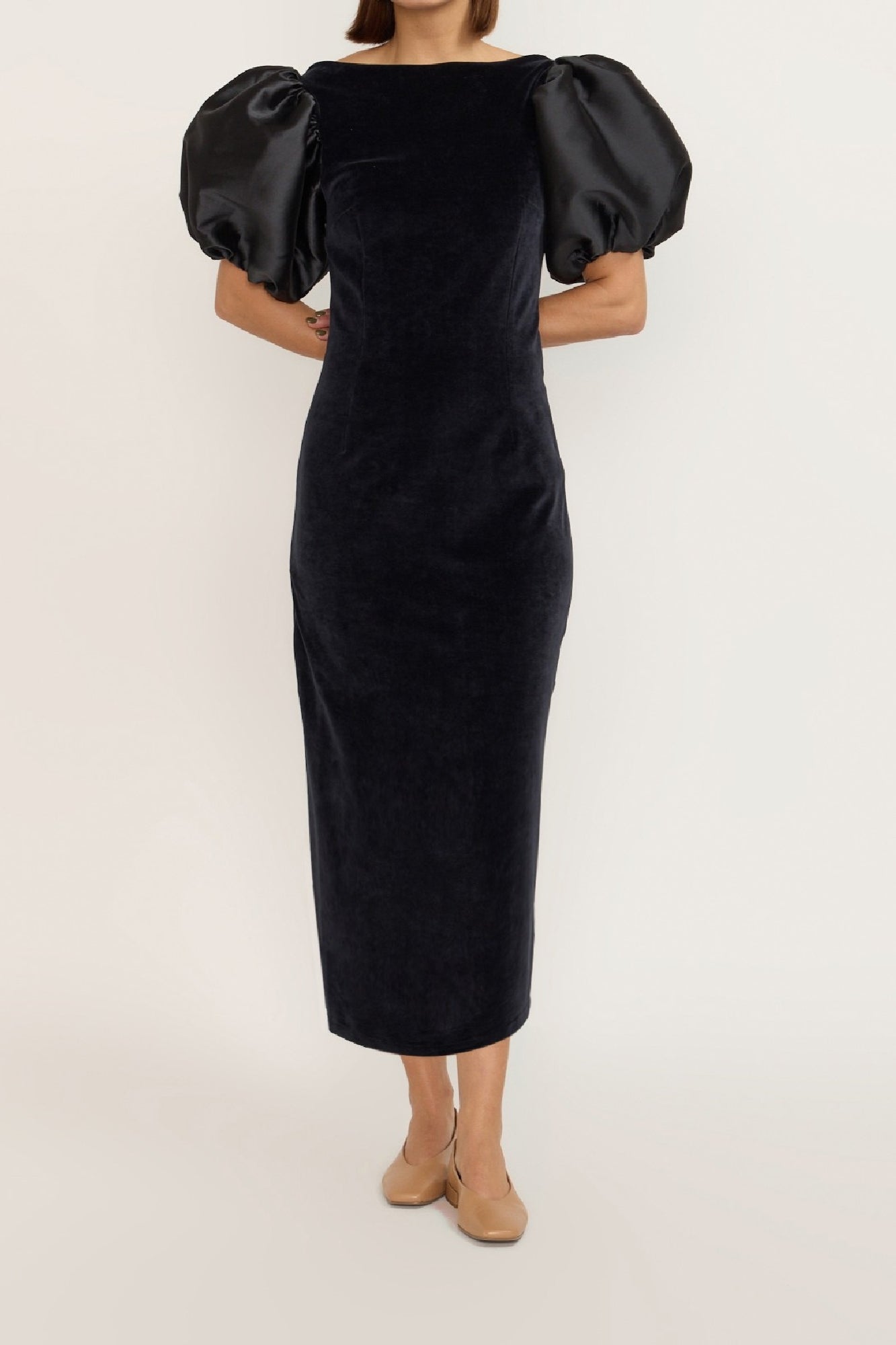 BLACK  SUZANNE VELVET robe midi structurée à manches bouffantes