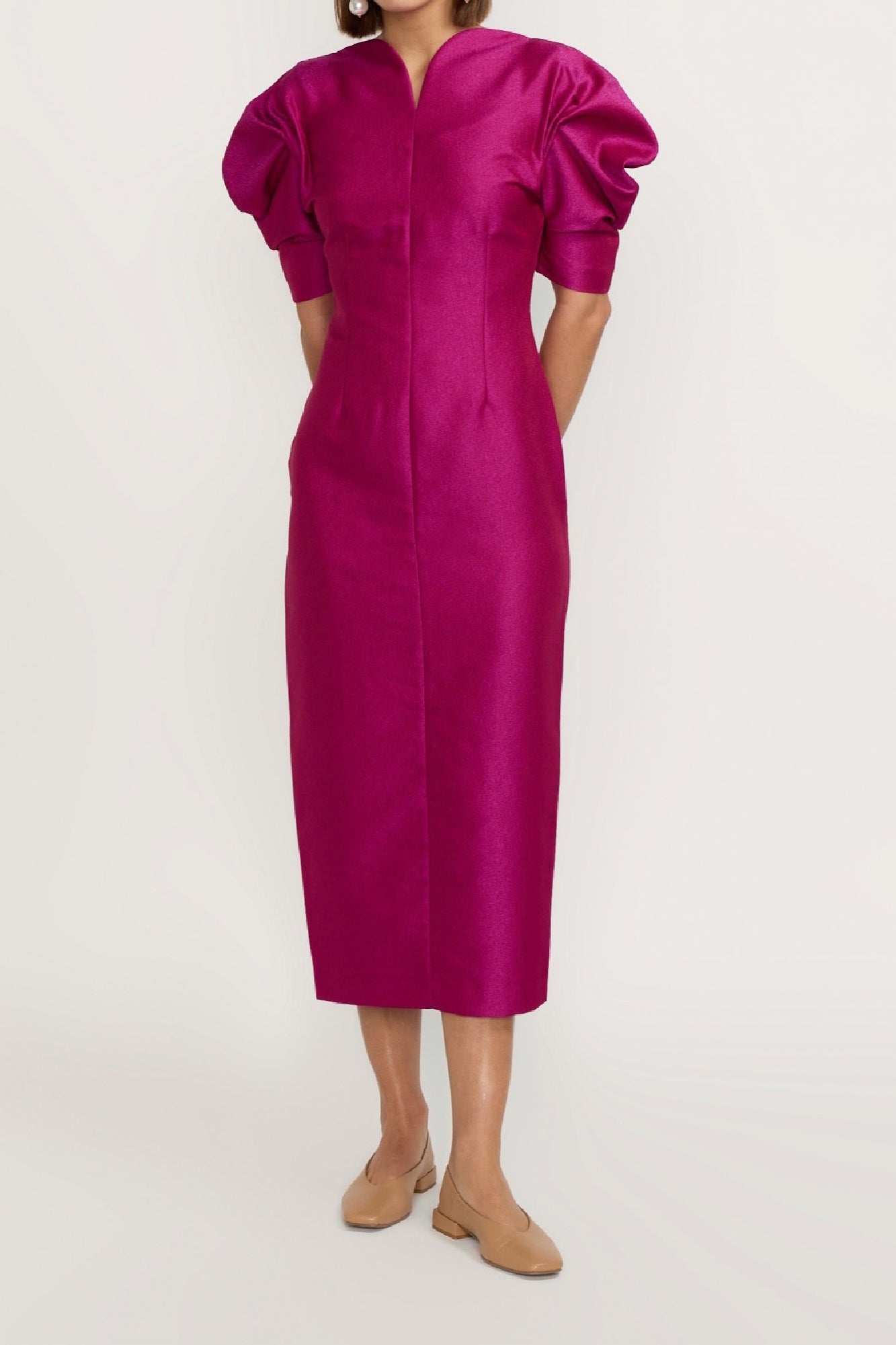 FUCHSIA JUDITH CREPE robe longue en crêpe à décolleté en cœur et manches bouffantes