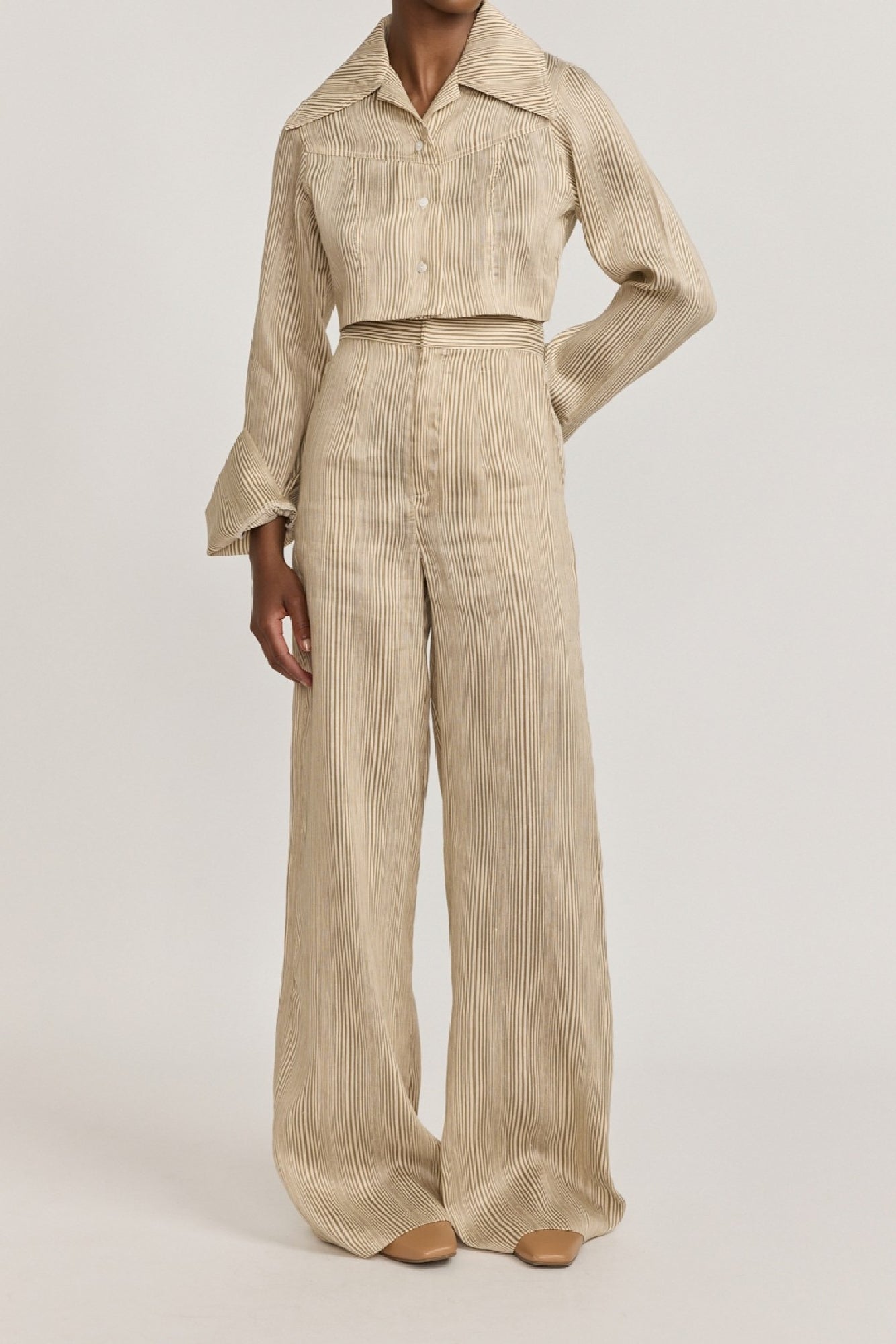 BEIGE LENORE VEIL STRIPES pantalon large texturé