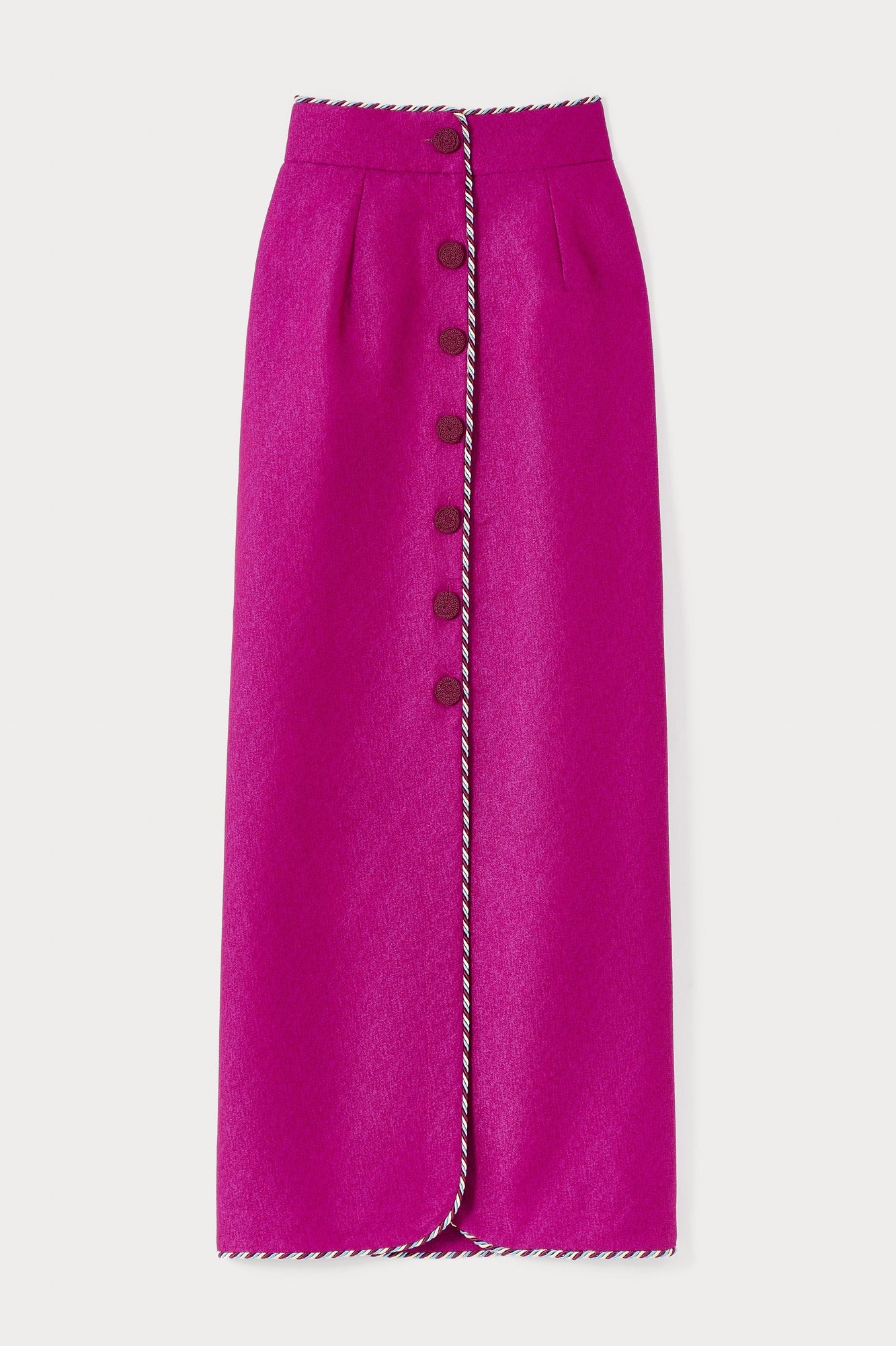 FUCHSIA IVAN CREPE jupe midi boutonnée sur le devant avec bordure tressée