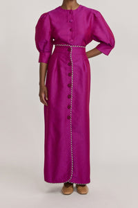 FUCHSIA IVAN CREPE jupe midi boutonnée sur le devant avec bordure tressée