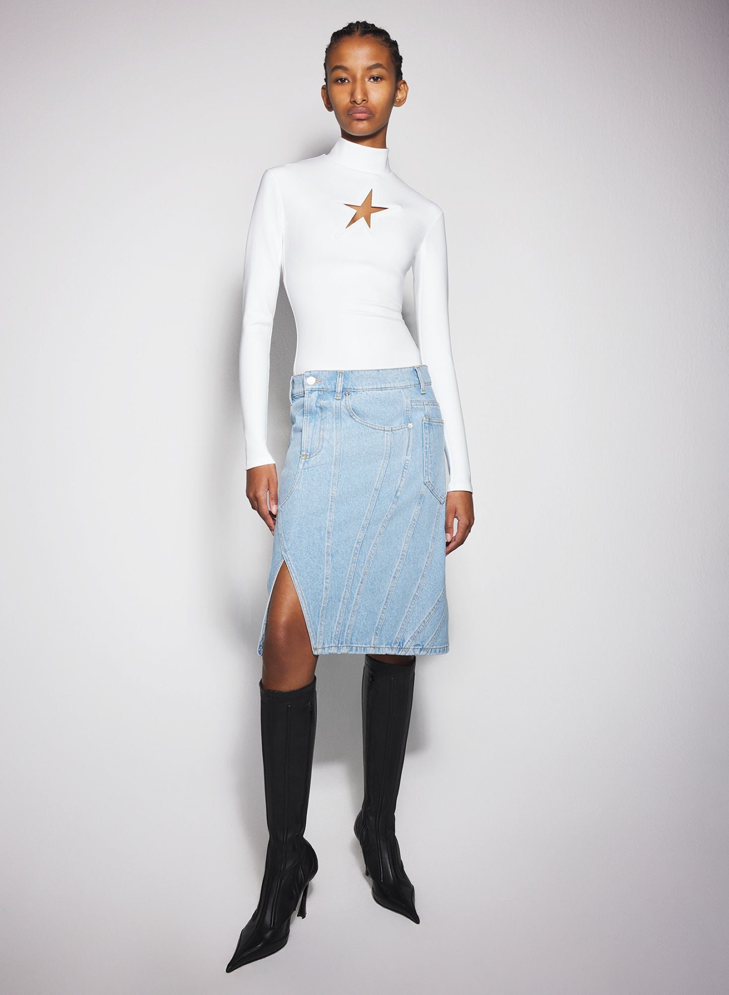 WASHED BLACK SPIRAL DENIM SKIRT