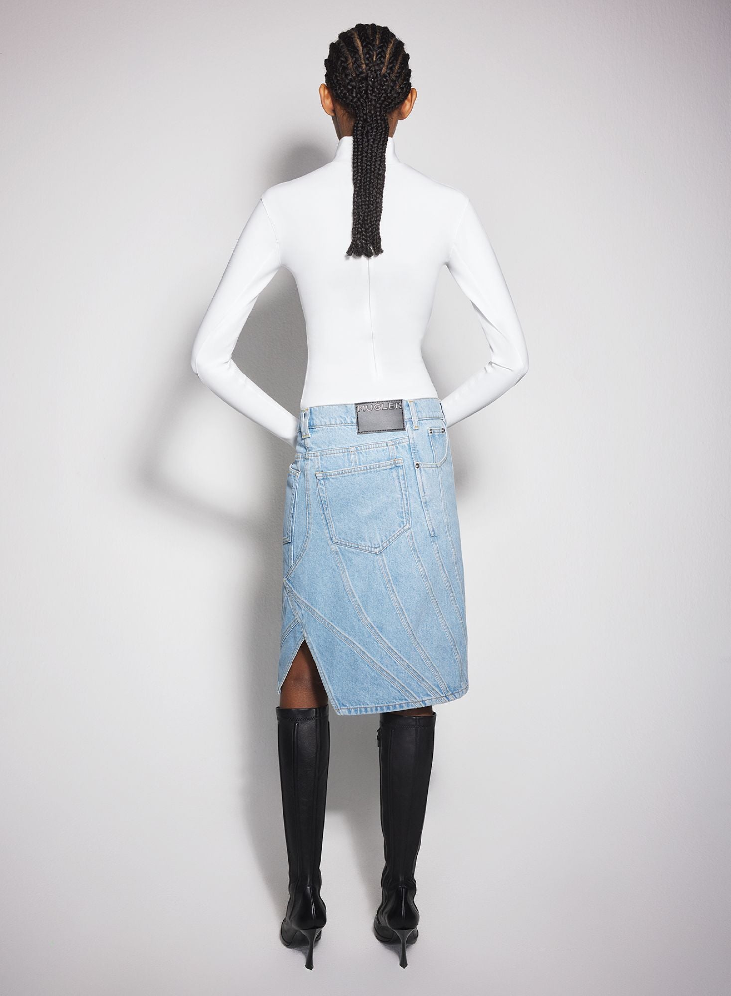 WASHED BLACK SPIRAL DENIM SKIRT