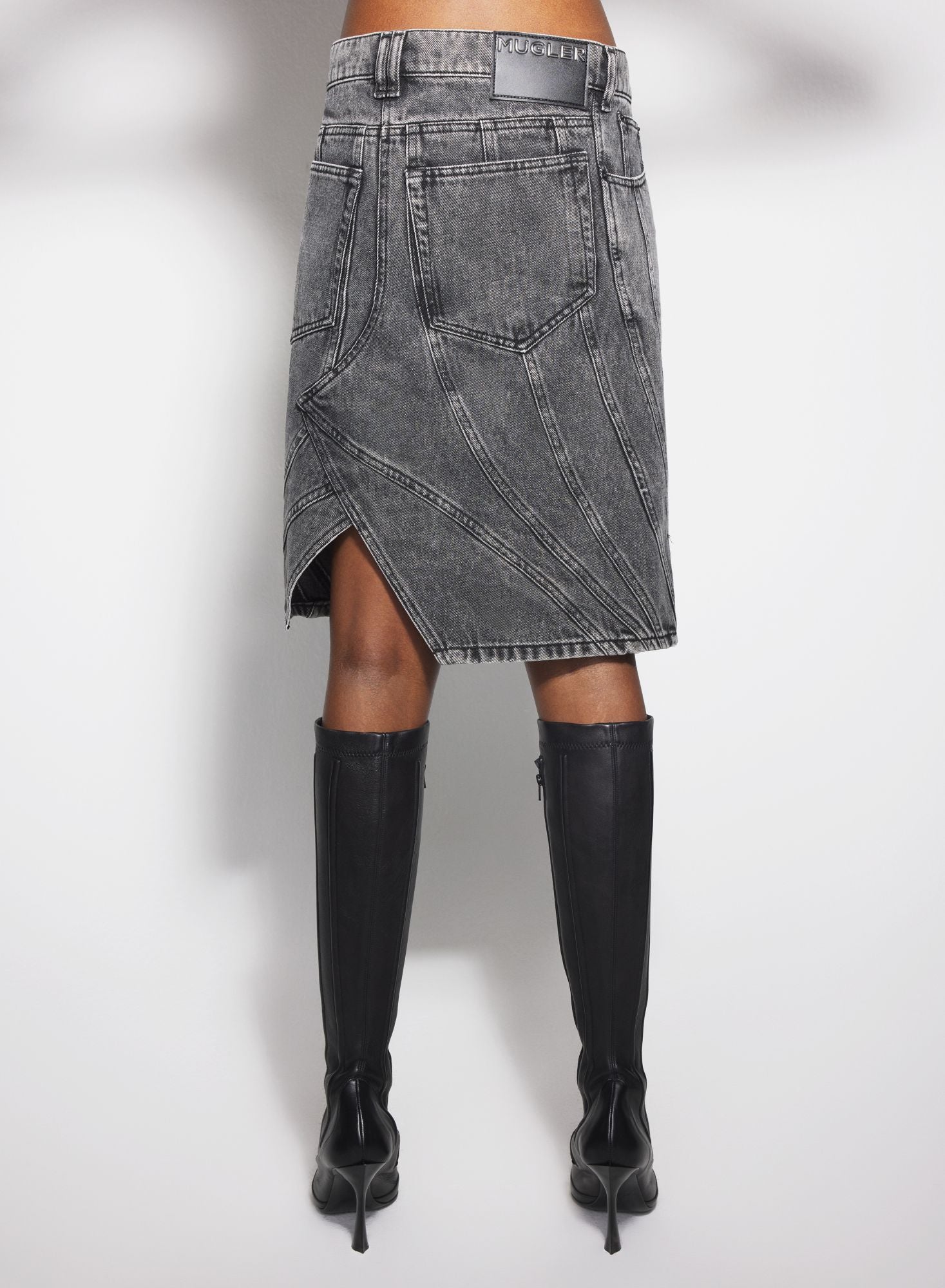 WASHED BLACK SPIRAL DENIM SKIRT