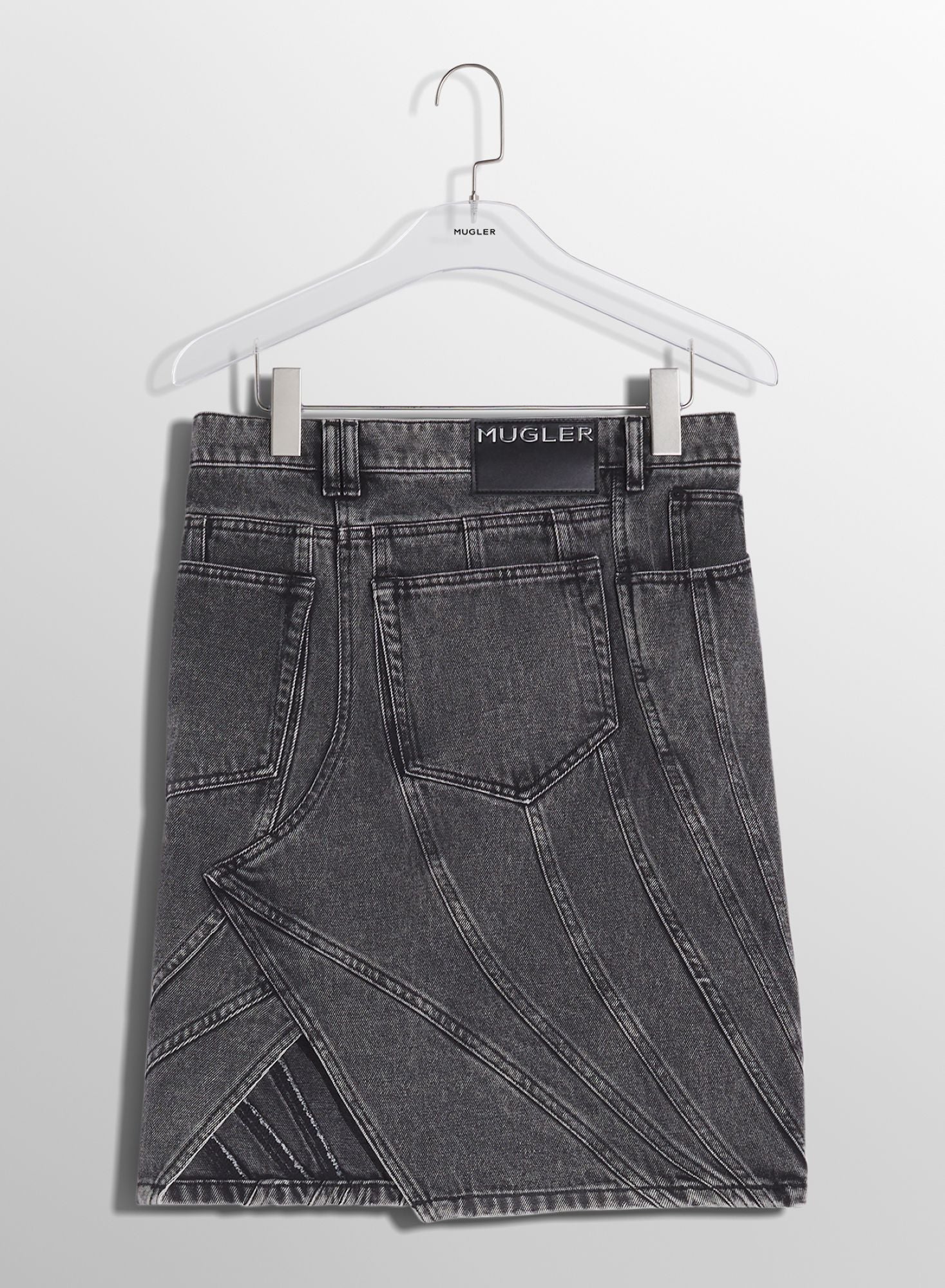 WASHED BLACK SPIRAL DENIM SKIRT