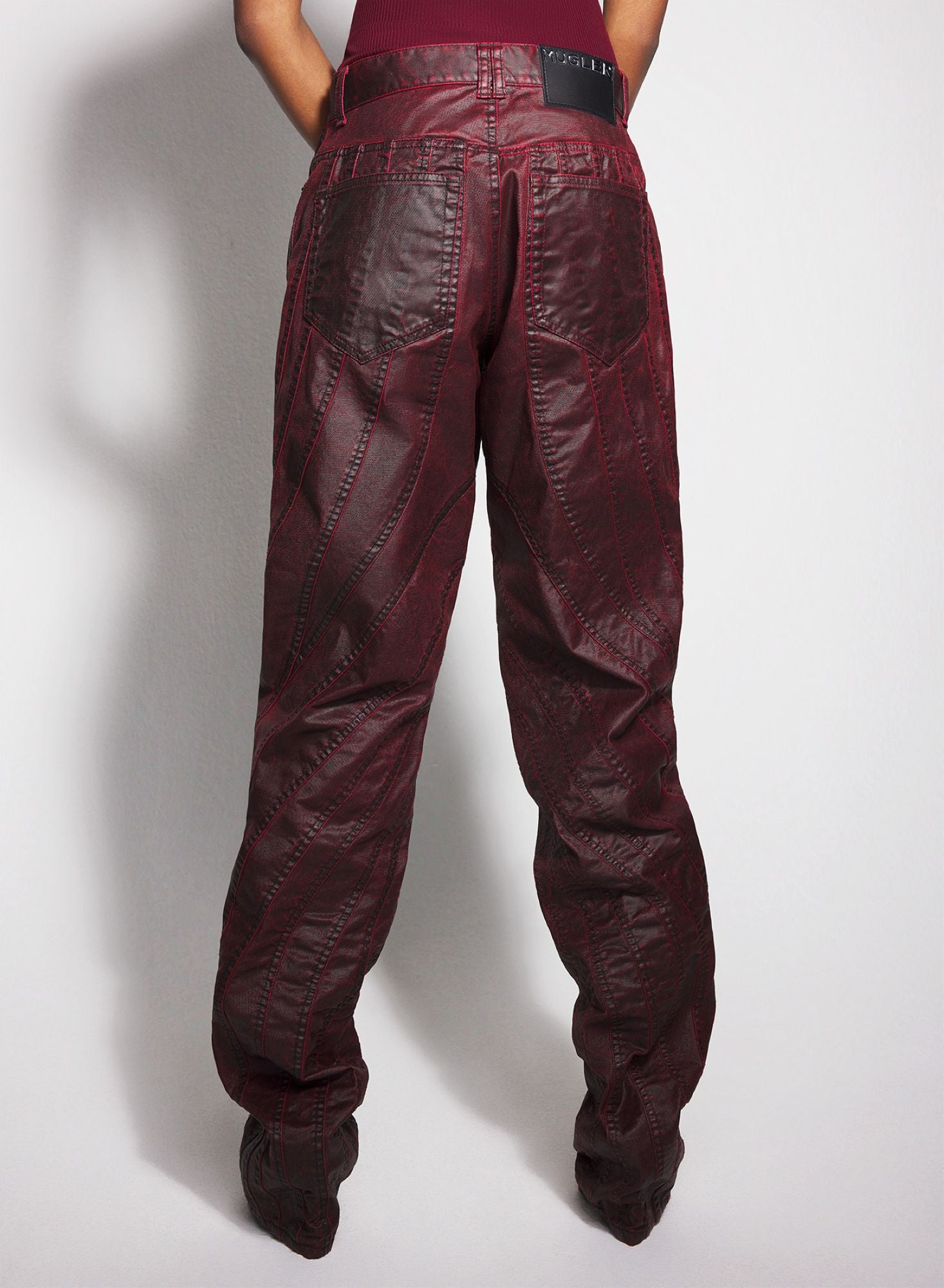VAMPIRE RED WAXED SPIRAL BAGGY JEANS