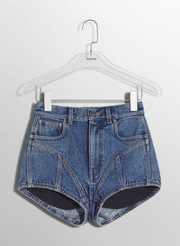 BLUE BI-MATERIAL DENIM SHORTS