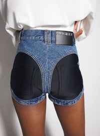 DARK TOKYO BLUE / BLACK // blue bi-material denim shorts