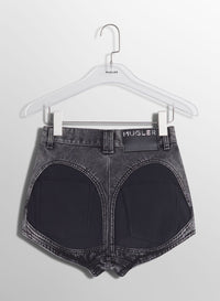 BLUE BI-MATERIAL DENIM SHORTS