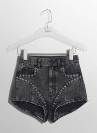 WASHED BLACK DENIM STUDDED SHORTS