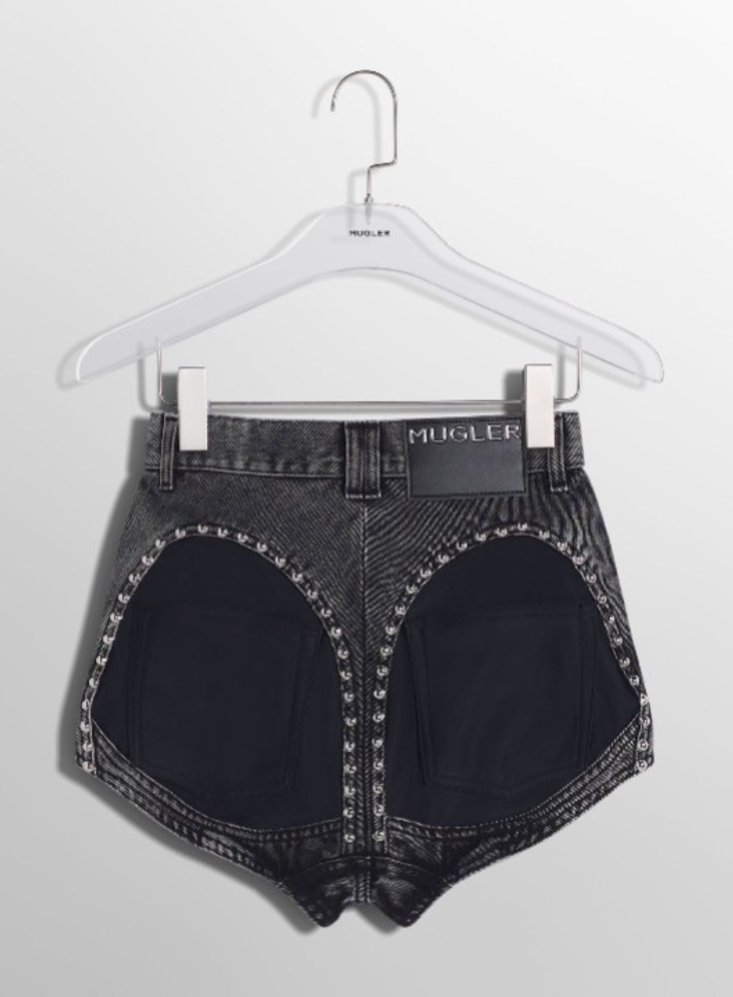 WASHED BLACK DENIM STUDDED SHORTS