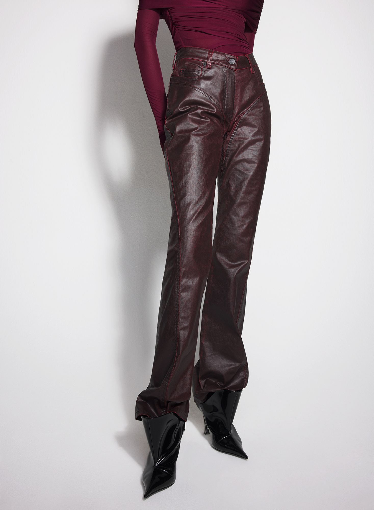 VAMPIRE RED WAXED DENIM PANTS