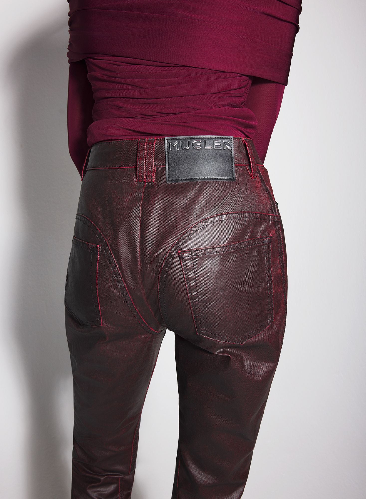 VAMPIRE RED WAXED DENIM PANTS