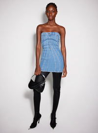 BLUE SPIRAL DENIM BUSTIER DRESS