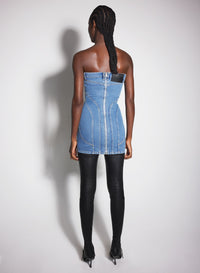 BLUE SPIRAL DENIM BUSTIER DRESS