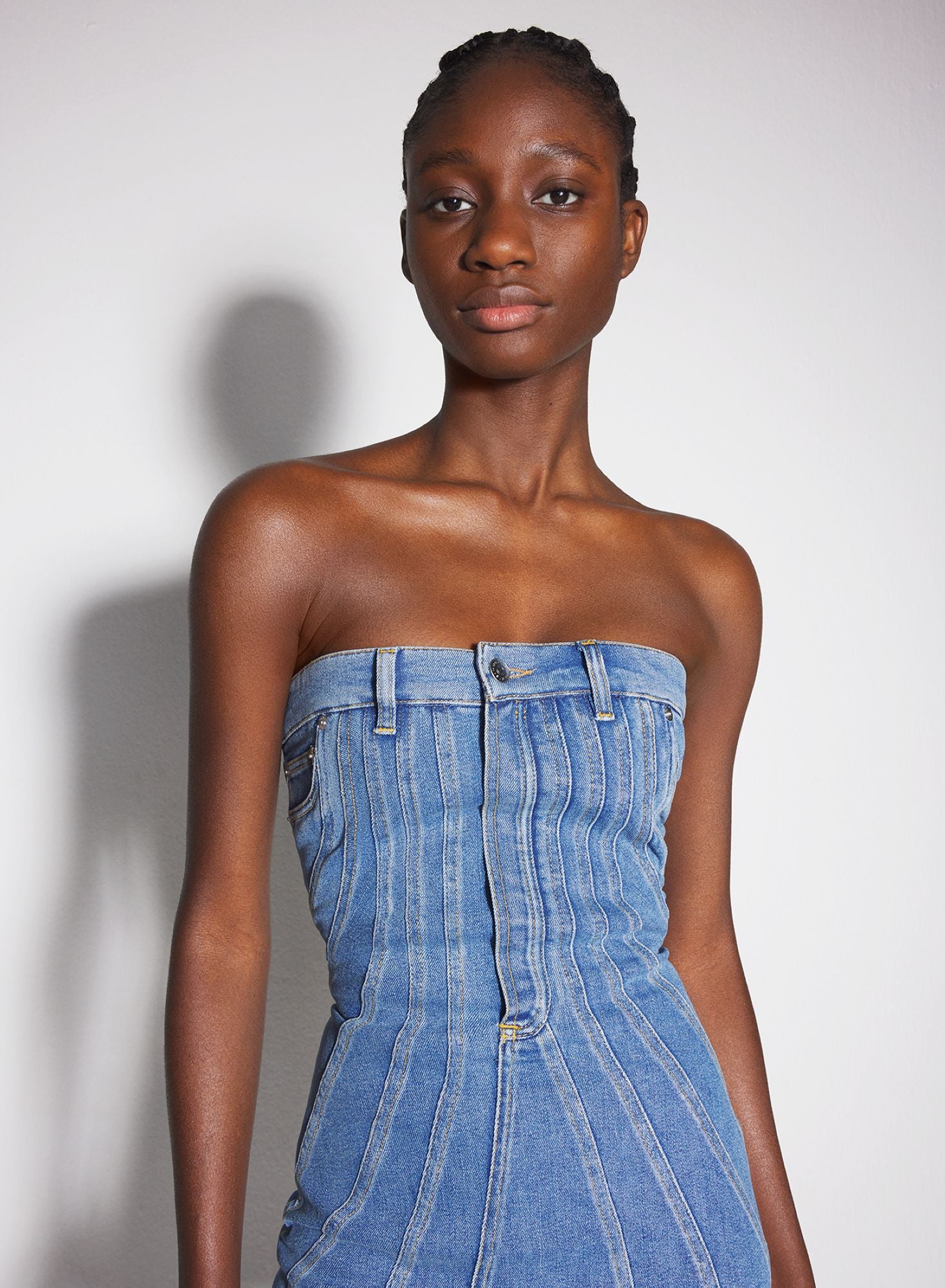 BLUE SPIRAL DENIM BUSTIER DRESS