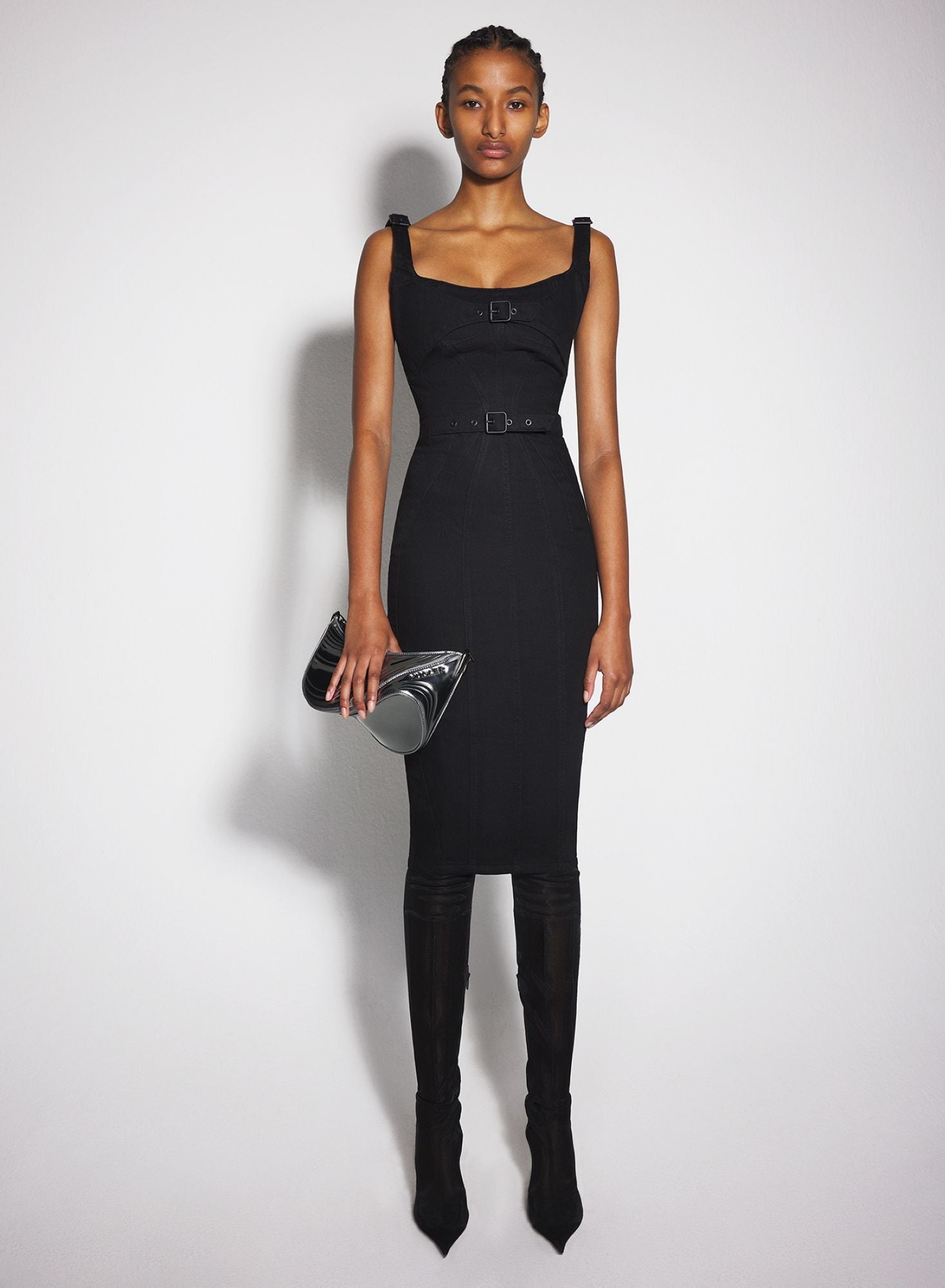 BLACK BUCKLED DENIM DRESS