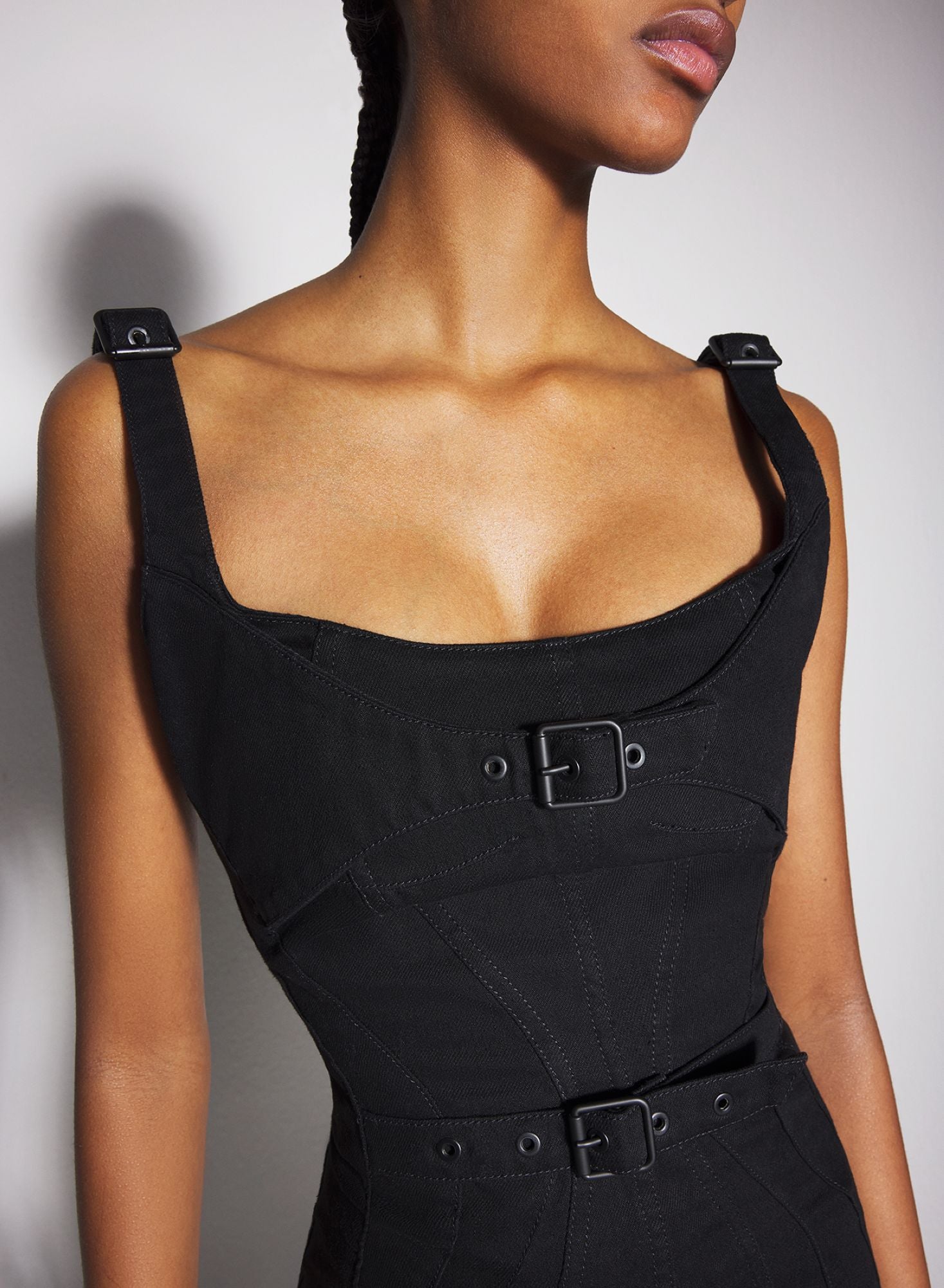BLACK BUCKLED DENIM DRESS