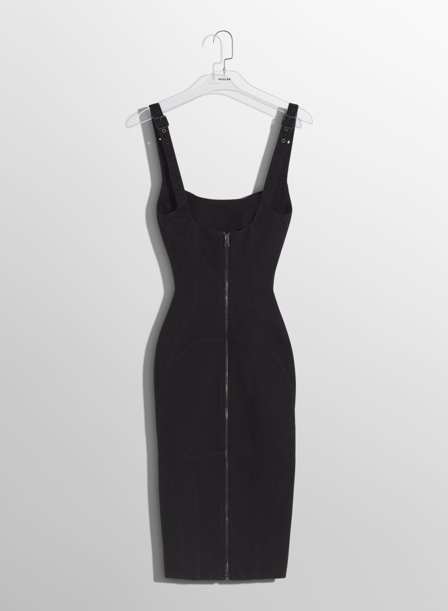 BLACK BUCKLED DENIM DRESS