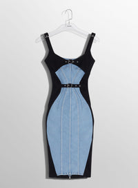 BLACK BUCKLED DENIM DRESS