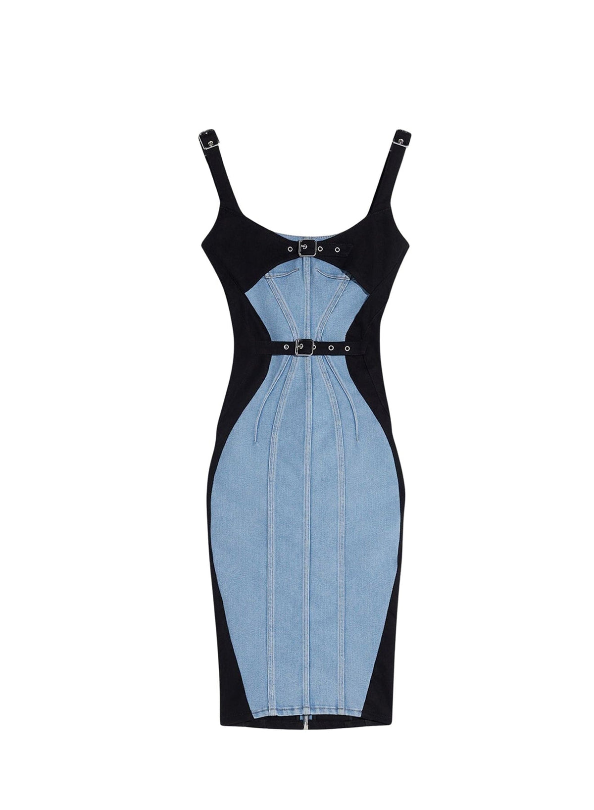 TOKYO BLUE / BLACK // bi-color buckled denim dress