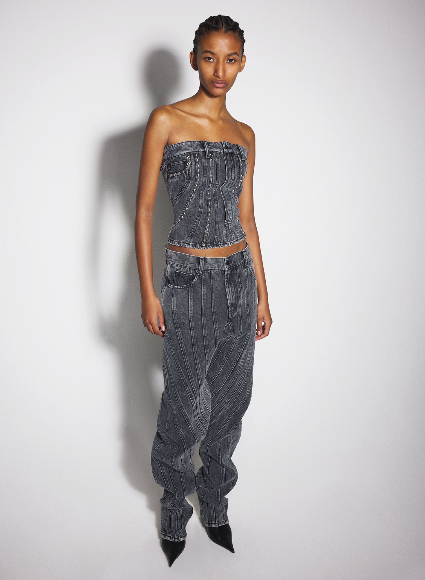 WASHED BLACK SPIRAL DENIM STUDDED BUSTIER