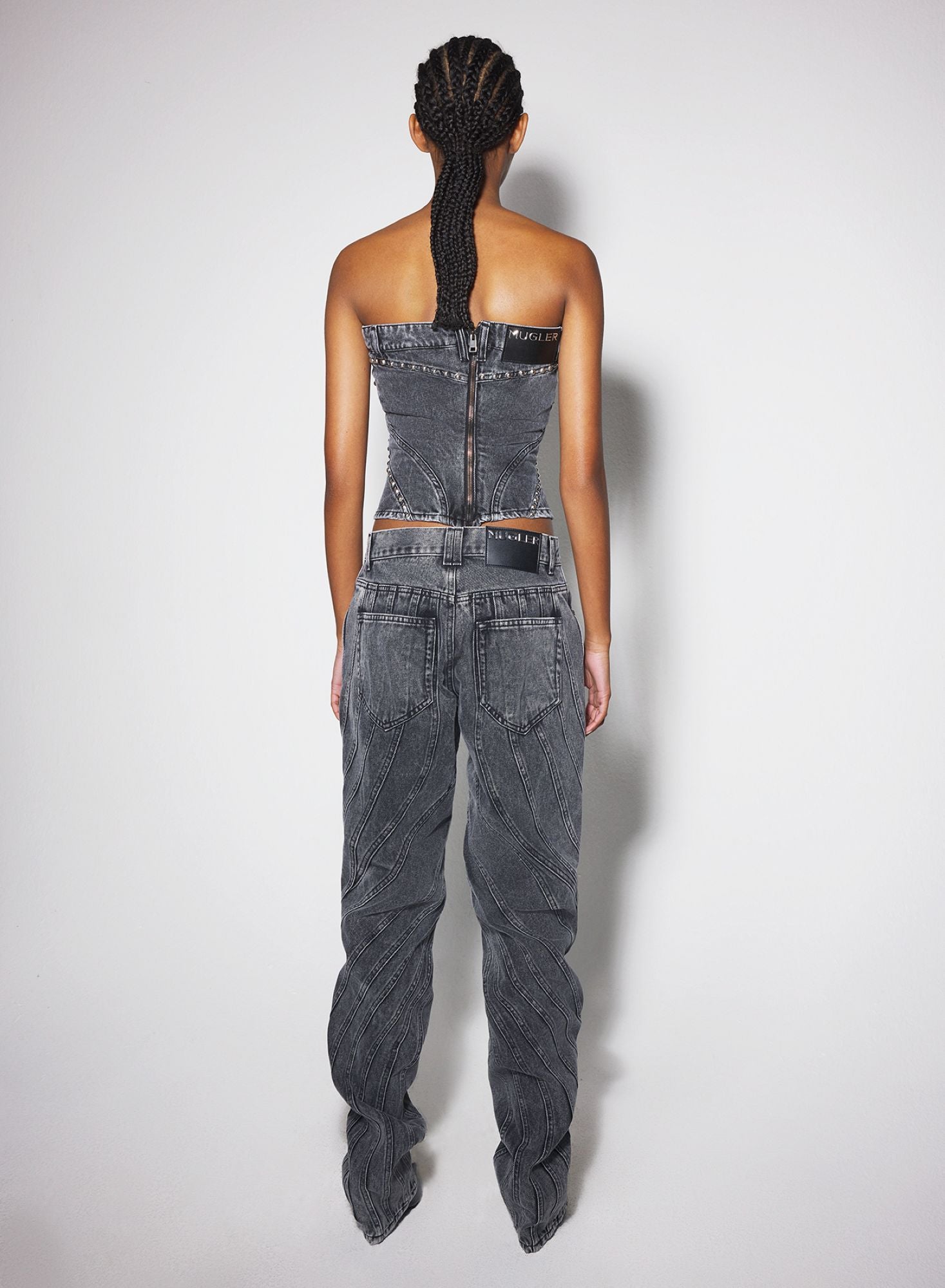 WASHED BLACK SPIRAL DENIM STUDDED BUSTIER